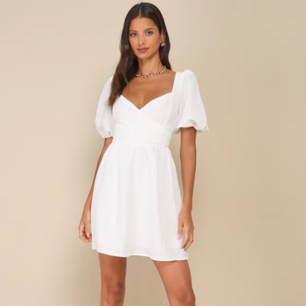 Lulus “Little Bit In Love White Surplice Puff Sleeve Mini Dress”